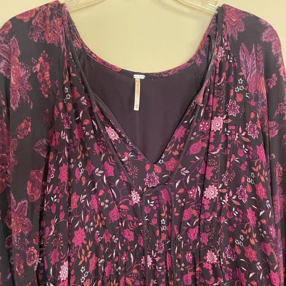 Free People Floral Print Mini Dress Tunic Black Maroon Long Sleeve Dress - Picture 4 of 9